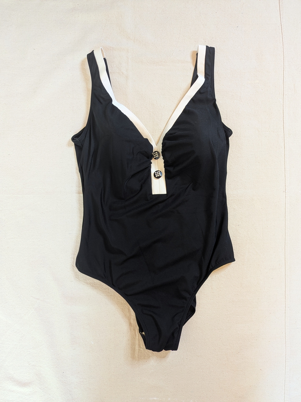 Classic Black And White One-Piece Swimsuit With Rhinestone Button Detail